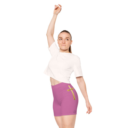 Gold Cross Women’s Biking Shorts in Pink – Symbol of Eternal Victory