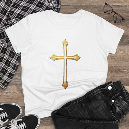 Women’s Gold Cross Tee – Christian Faith Shirt with Bold Cross Design
