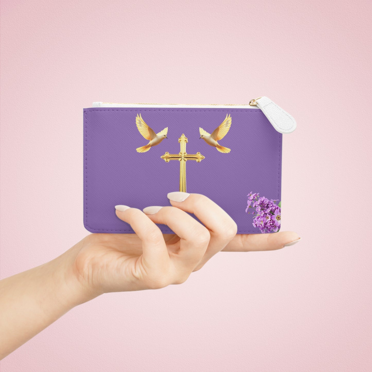 “Heaven’s Embrace” | Women’s Mini Clutch in Mauve – Gold Cross with Flying Doves