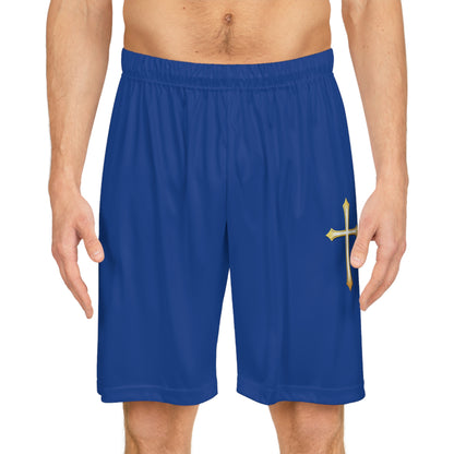 Men’s Modern Gold Cross Basketball Shorts in Blue – Sleek Faith-Inspired Design