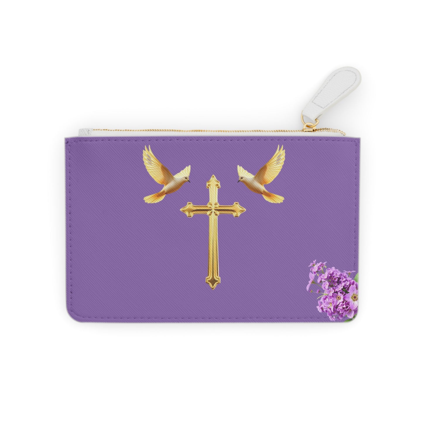 “Heaven’s Embrace” | Women’s Mini Clutch in Mauve – Gold Cross with Flying Doves