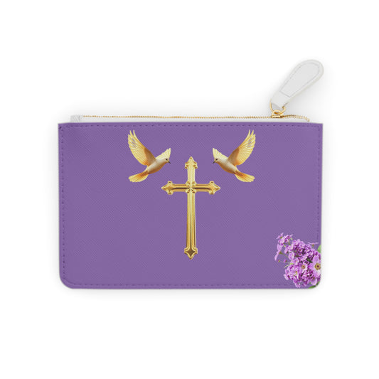 “Heaven’s Embrace” | Women’s Mini Clutch in Mauve – Gold Cross with Flying Doves