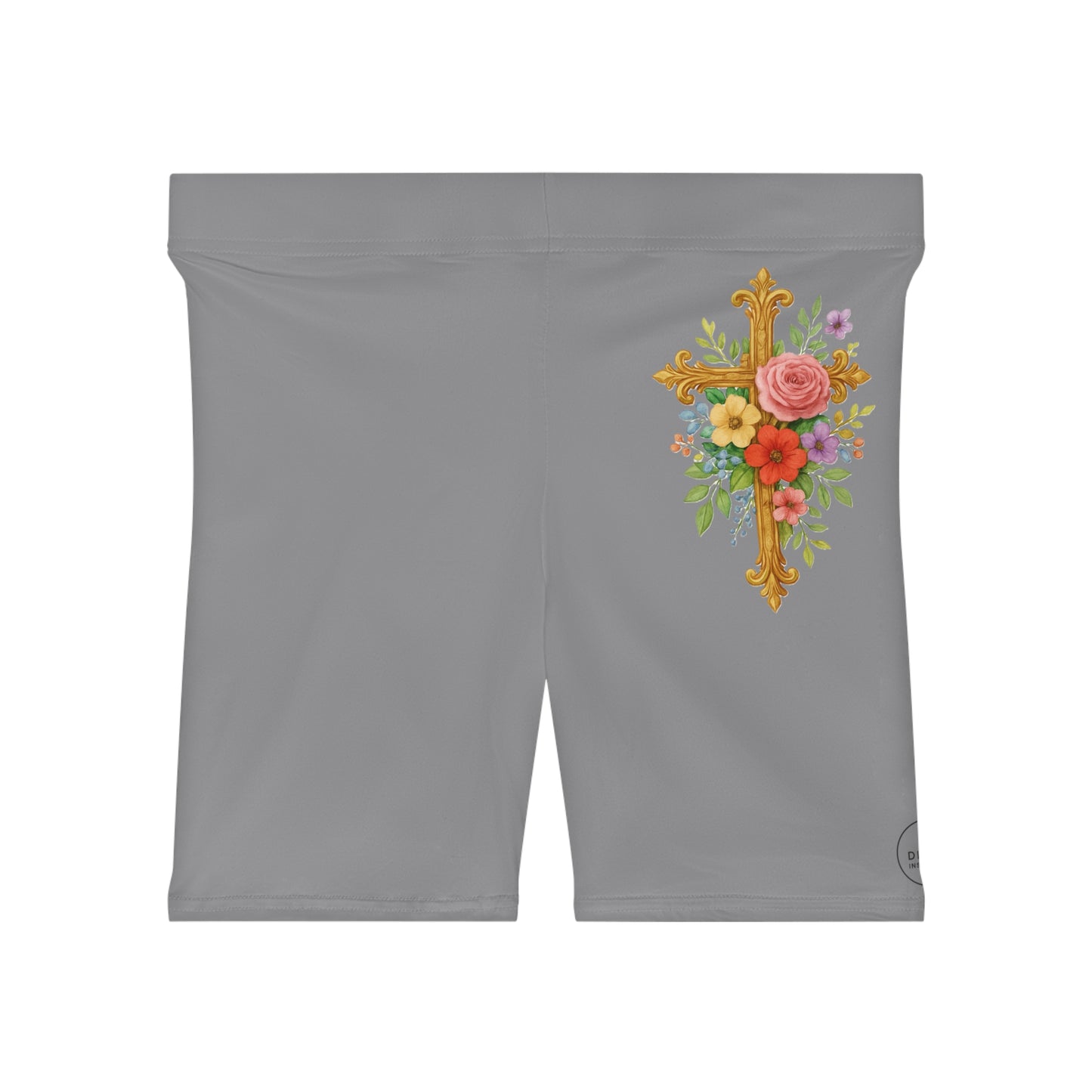 Floral Cross Women’s Biking Shorts in Grey – Beauty and Strength in the Cross