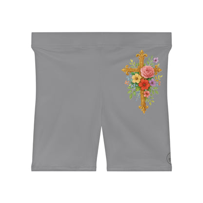 Floral Cross Women’s Biking Shorts in Grey – Beauty and Strength in the Cross