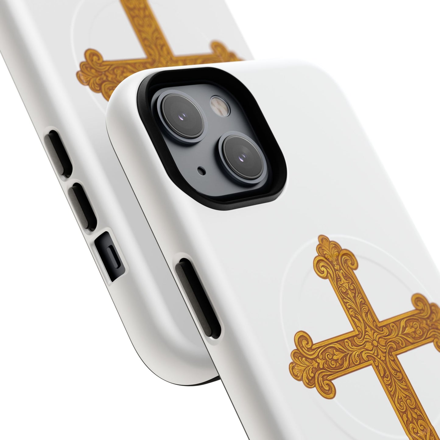 Gold Cross on White Magnetic Tough Case for iPhone – Strength in Faith
