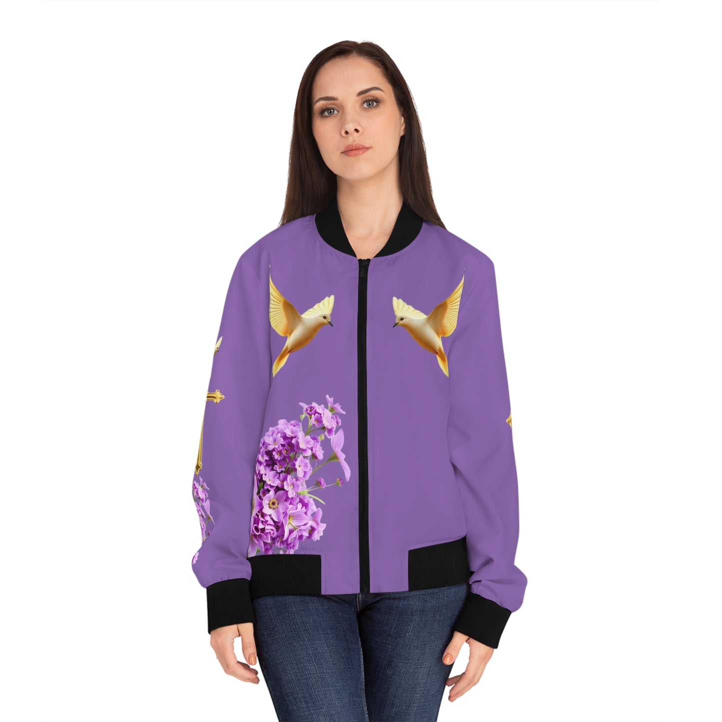 Heavenly Ascent – Gold Cross & Doves Women’s Bomber Jacket in Muave