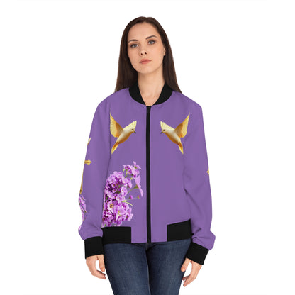 Heavenly Ascent – Gold Cross & Doves Women’s Bomber Jacket in Muave