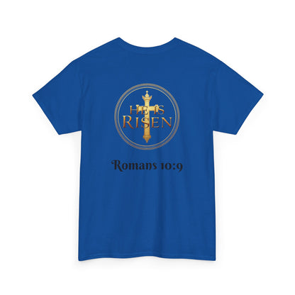 Men’s Romans 10:9 Christian T-Shirt – Jesus Is Lord & He Is Risen (Dark Lettering)