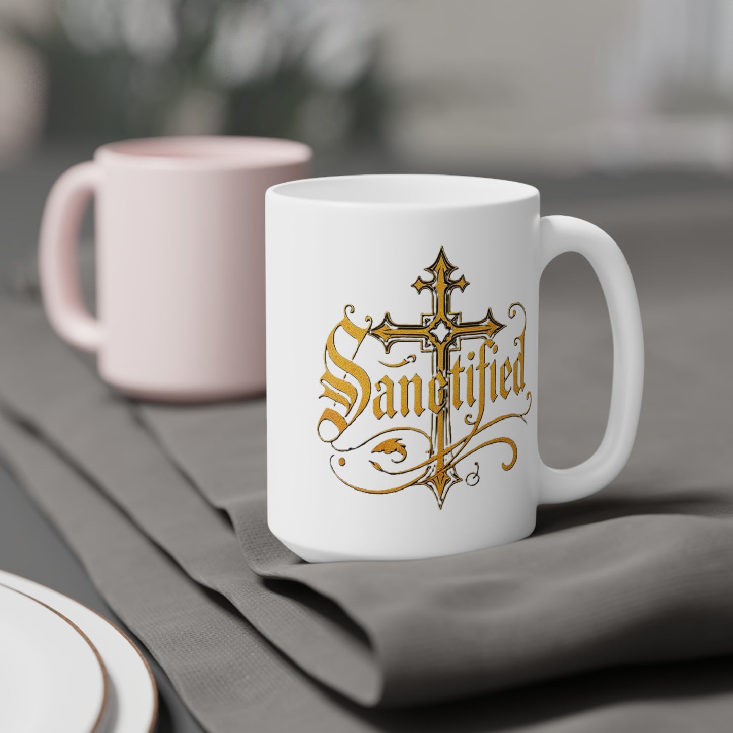 “Sanctified” Ceramic Mug – Cross Design