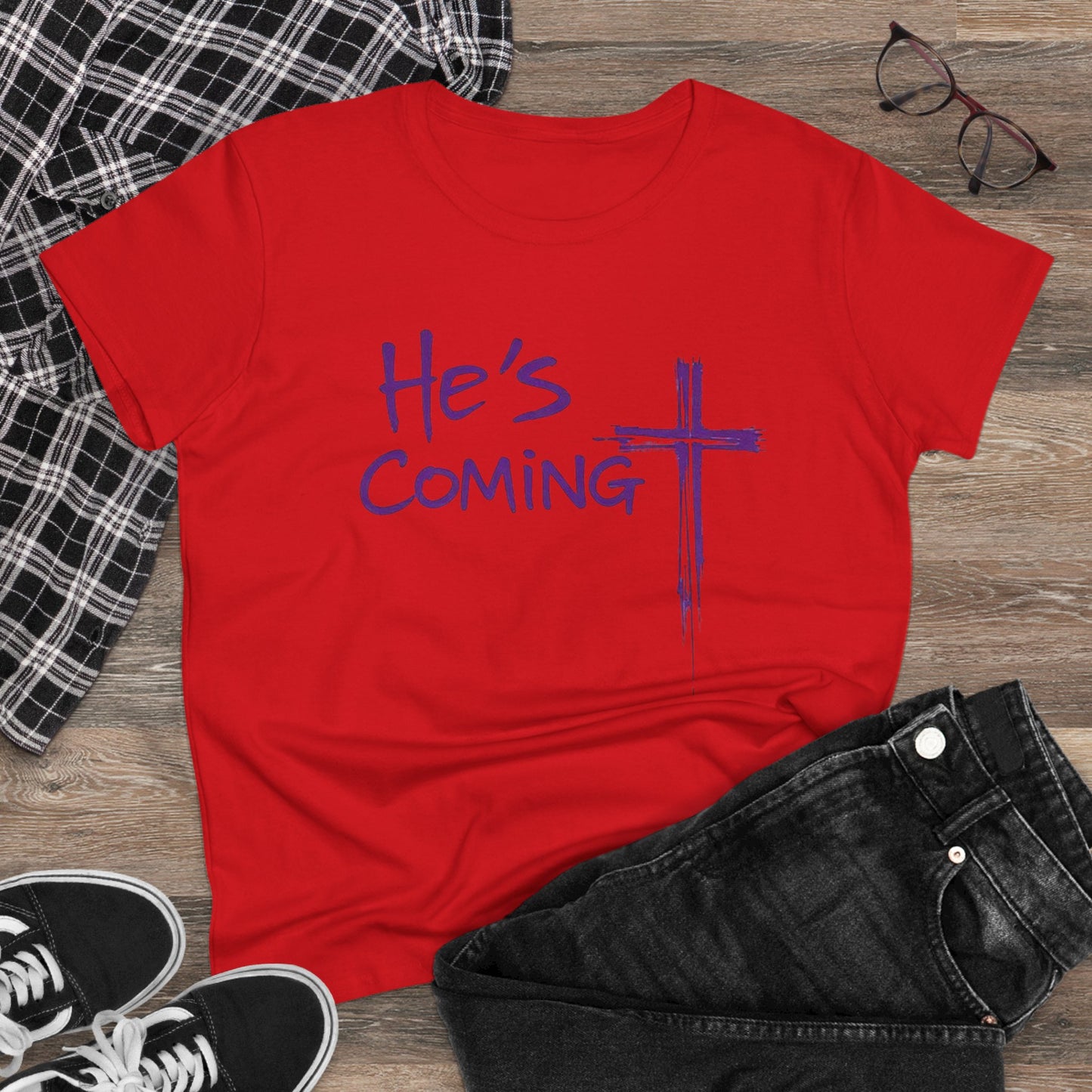 He's Coming Soon – Women’s Softstyle Christian Tee with Cross Design