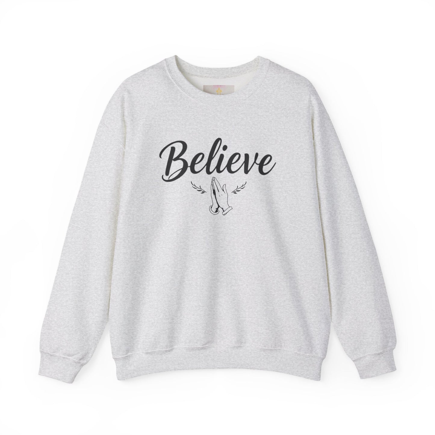 Women’s Believe Christian Sweatshirt – Praying Hands & Romans 10:9