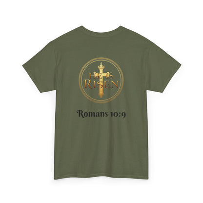 Men’s Romans 10:9 Christian T-Shirt – Jesus Is Lord & He Is Risen (Dark Lettering)