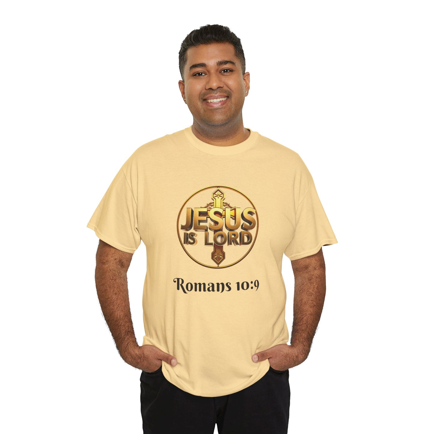 Men’s Romans 10:9 Christian T-Shirt – Jesus Is Lord & He Is Risen (Dark Lettering)