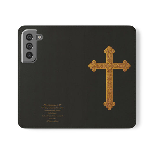 Black with Gold Cross & 1 Corinthians 1:18 - Samsung Flip/Wallet Phone Case