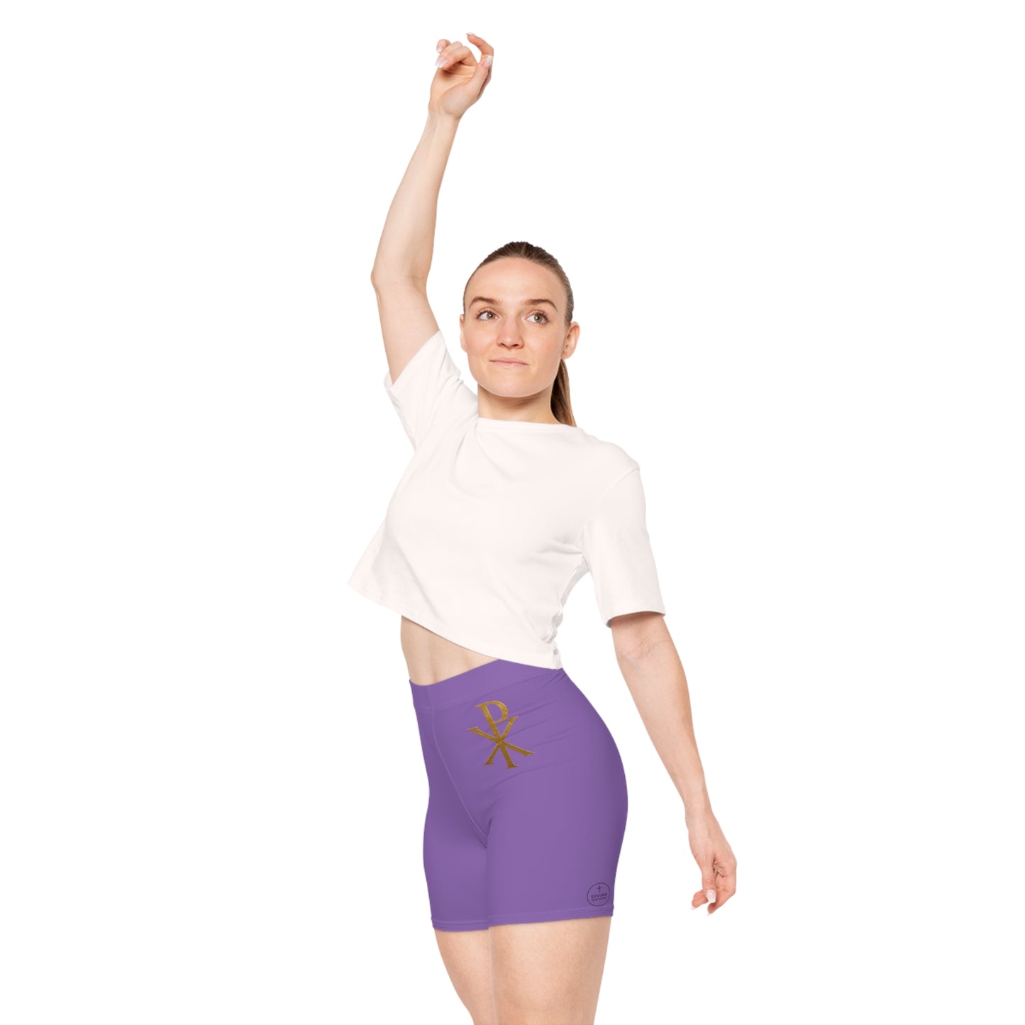 Chi Rho Women’s Biking Christian Shorts in Purple – Strength and Victory in Christ