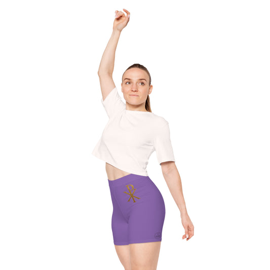 Chi Rho Women’s Biking Christian Shorts in Purple – Strength and Victory in Christ