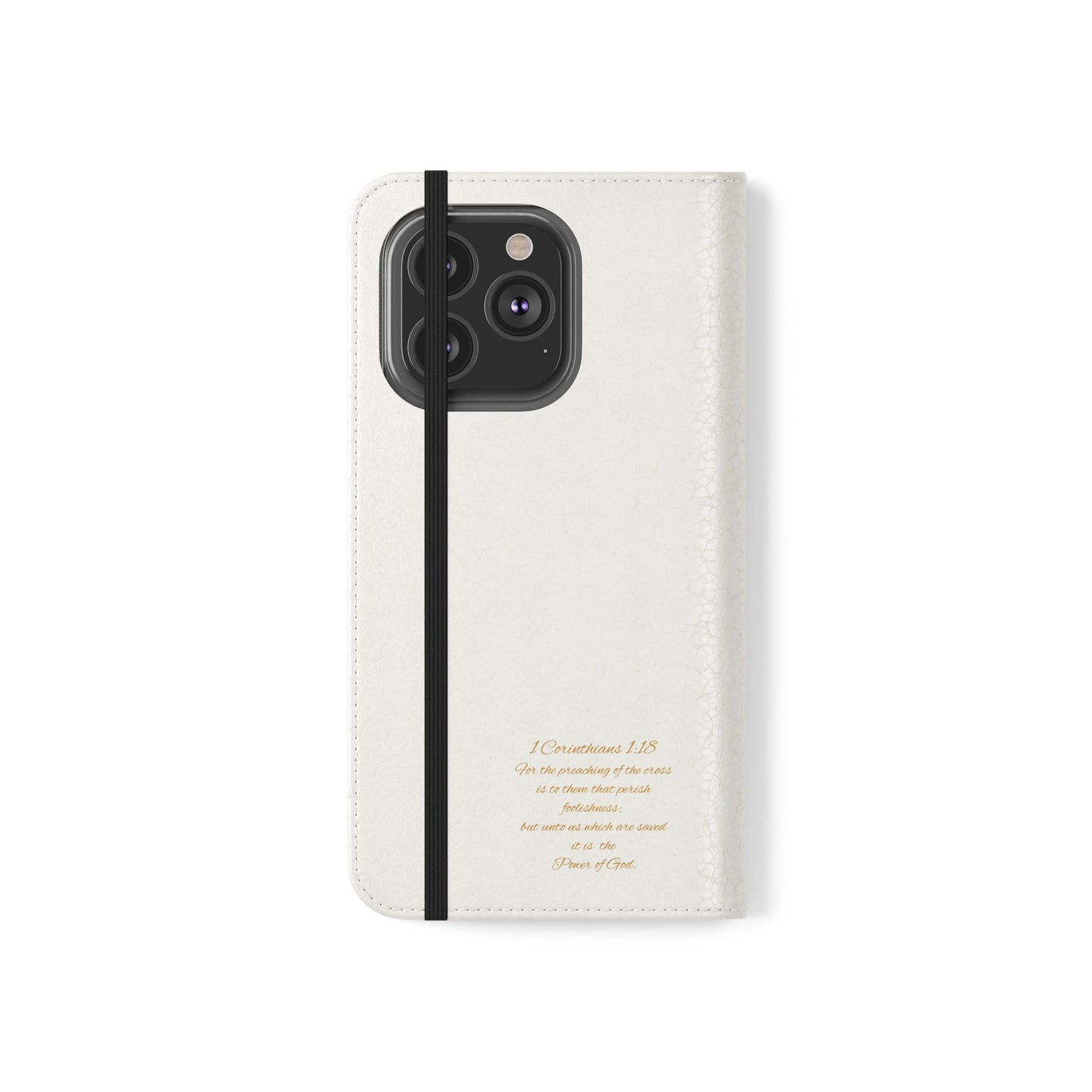 White Wallet Case – Gold Cross with 1 Corinthians 1:18 for iPhones