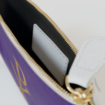 “Divine Seal” | Women’s Mini Clutch in Purple – Gold Chi Rho Elegance