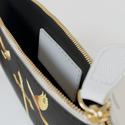 “Heaven’s Embrace” | Women’s Mini Clutch in Black – Gold Cross with Flying Doves