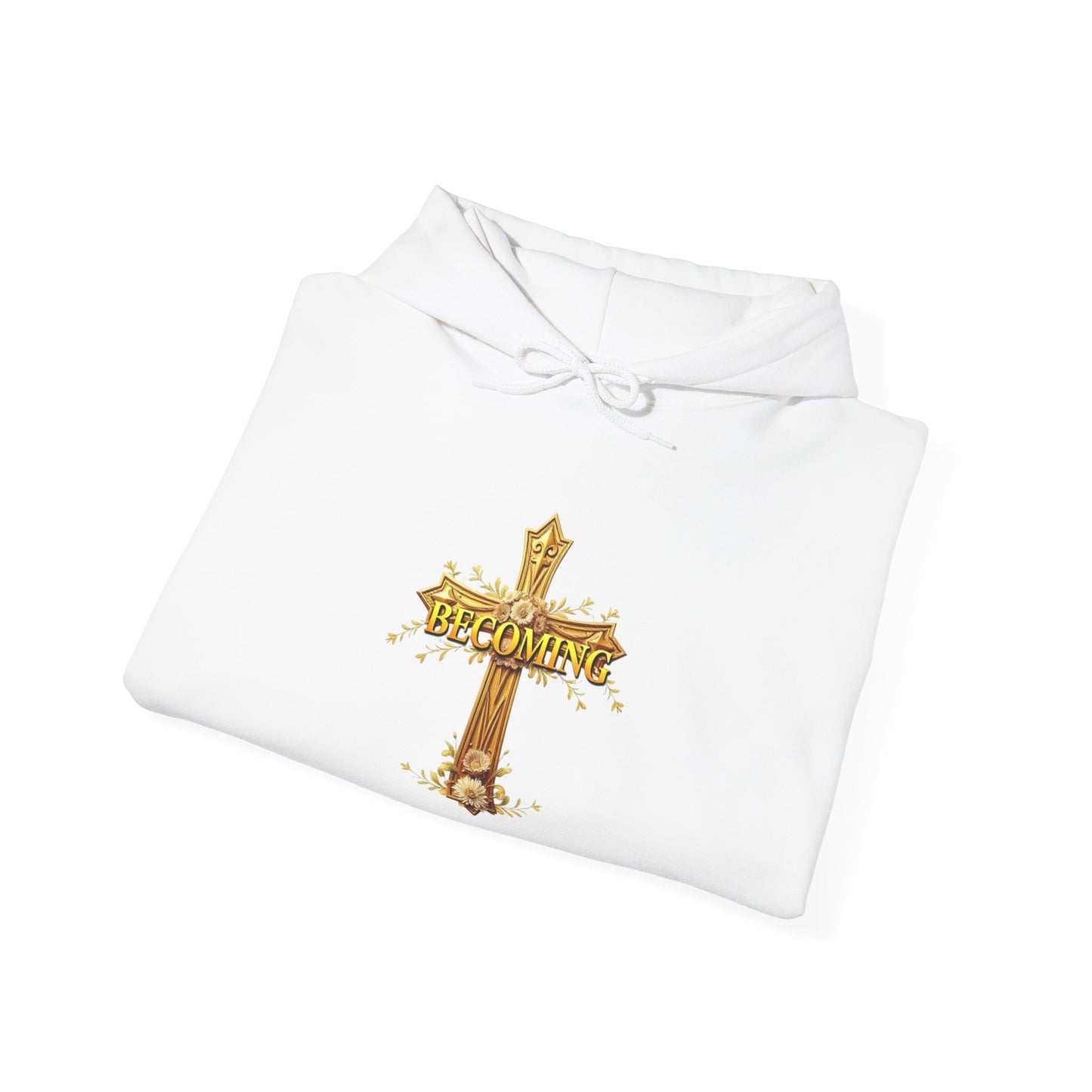 Becoming Women’s Faith Hoodie – Gold Cross Edition (1 Corinthians 15:49)