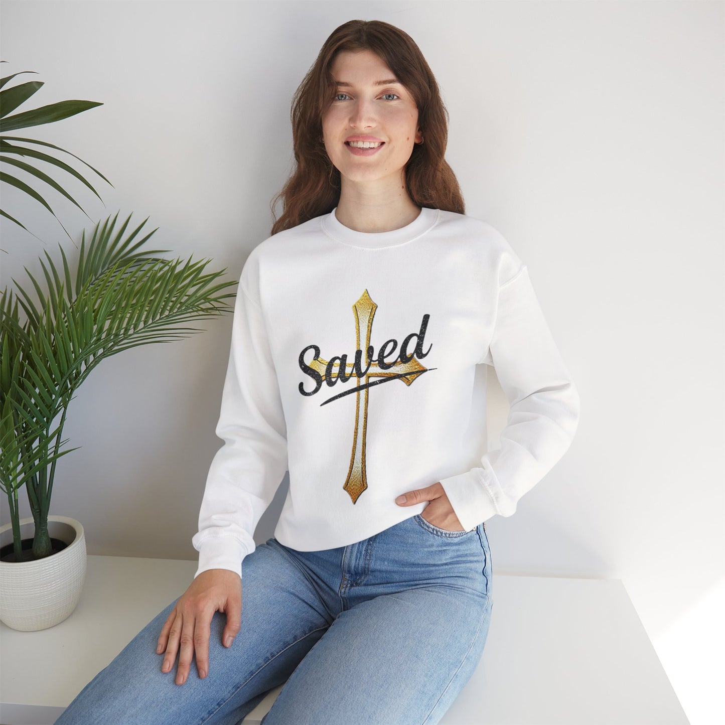 Saved Women’s Sweatshirt – Christian Faith Apparel with Cross & John 3:16
