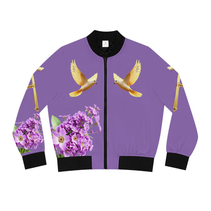 Heavenly Ascent – Gold Cross & Doves Women’s Bomber Jacket in Muave