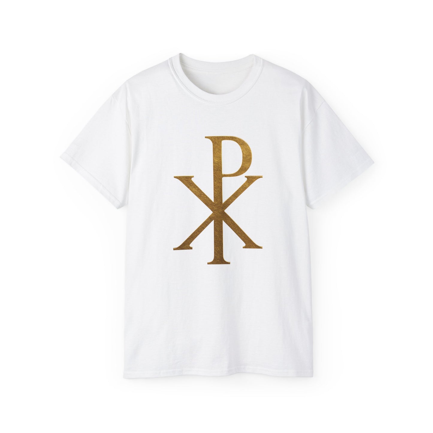 Men’s Christian T-Shirt with Gold Chi Rho – Elegant Faith Symbol Tee
