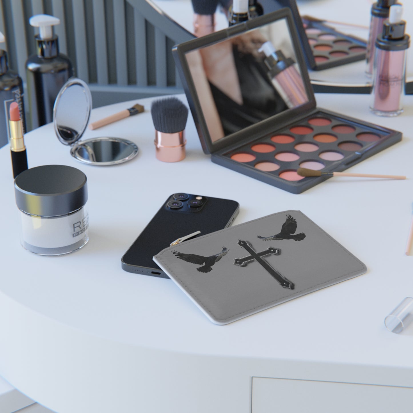 “Shadowed Faith” | Women’s Mini Clutch in Grey – Black Cross with Flanking Crows