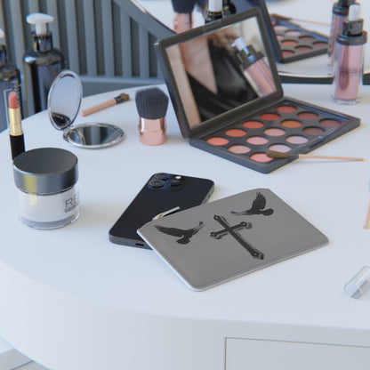 “Shadowed Faith” | Women’s Mini Clutch in Grey – Black Cross with Flanking Crows