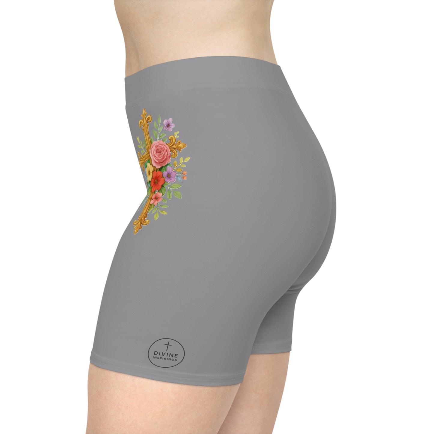 Floral Cross Women’s Biking Shorts in Grey – Beauty and Strength in the Cross
