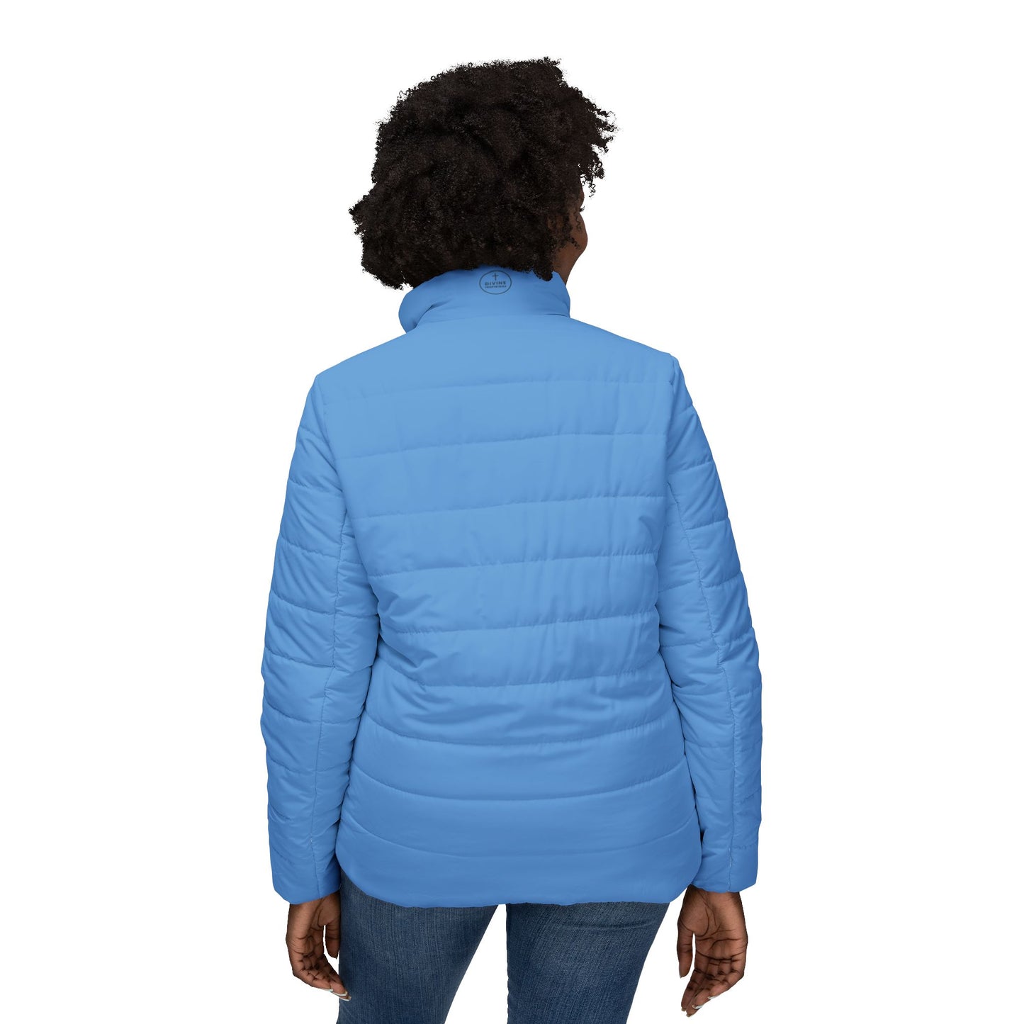 Blooming Faith Women’s Puffer Jacket in Blue – Floral Cross Crest