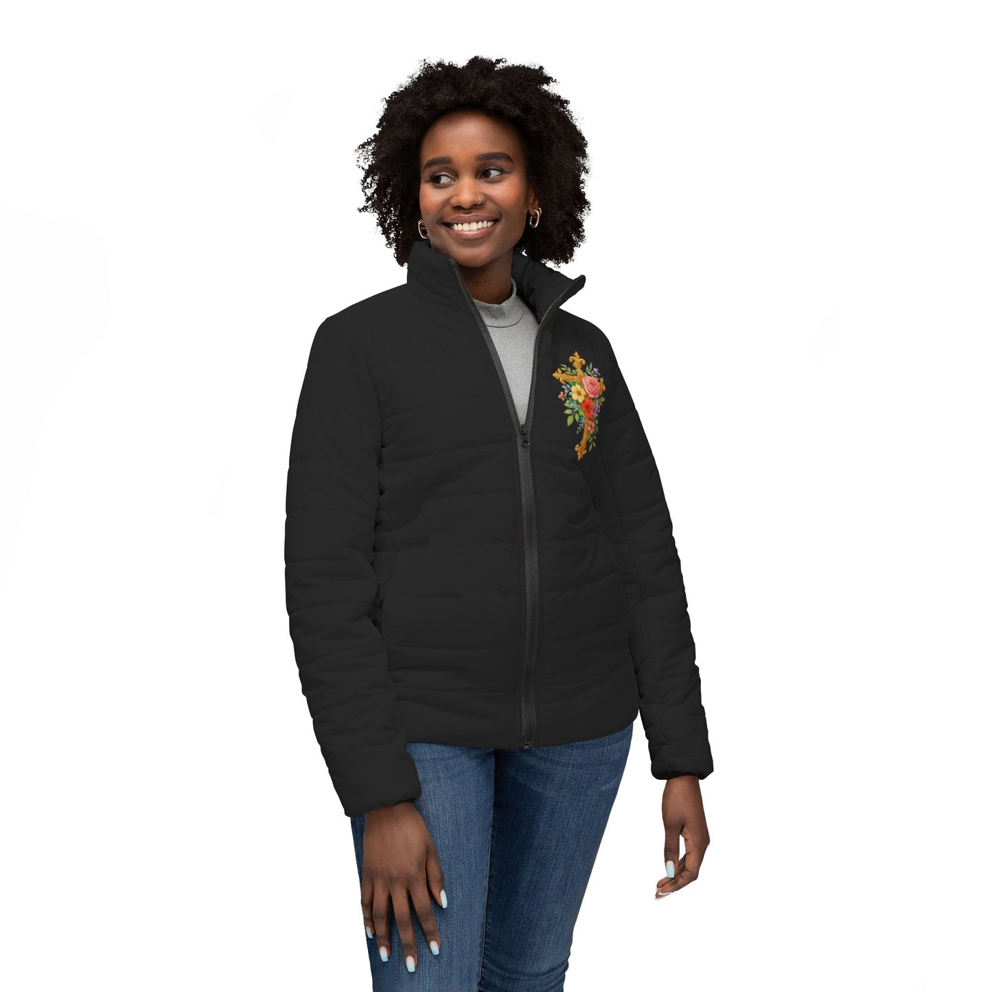 Blooming Faith Women’s Puffer Jacket in Black – Floral Cross Crest