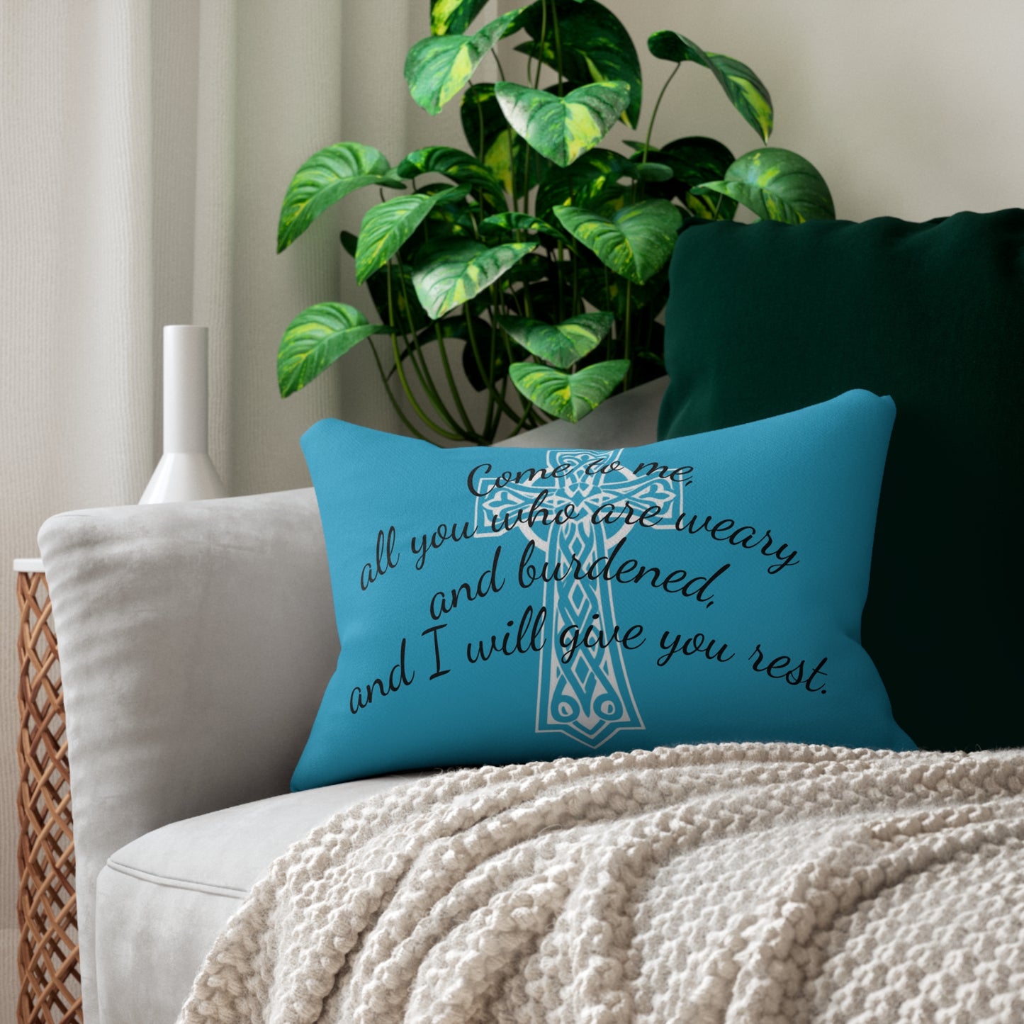 Matthew 11:28 Lumbar Pillow – Rest for the Weary (Literally in turquoise!)