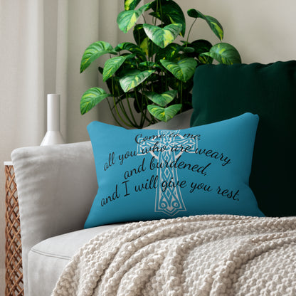 Matthew 11:28 Lumbar Pillow – Rest for the Weary (Literally in turquoise!)