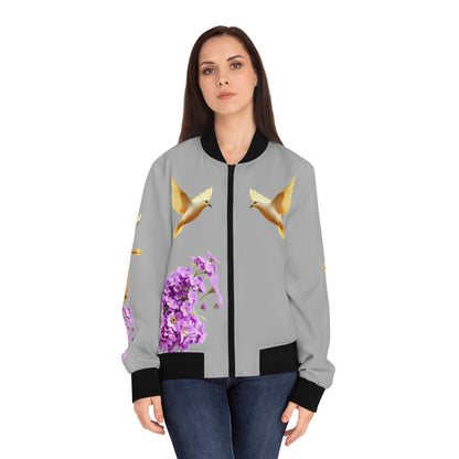 Heavenly Ascent – Gold Cross & Doves Women’s Bomber Jacket in Grey