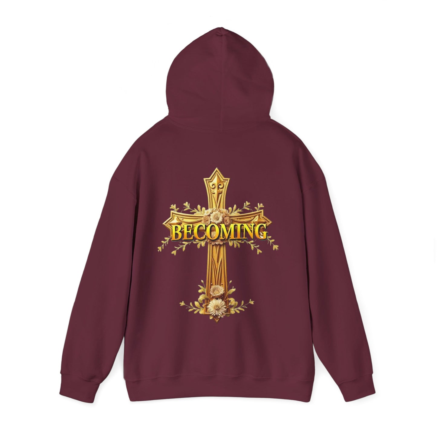 Becoming Women’s Faith Hoodie – Gold Cross Edition (1 Corinthians 15:49)