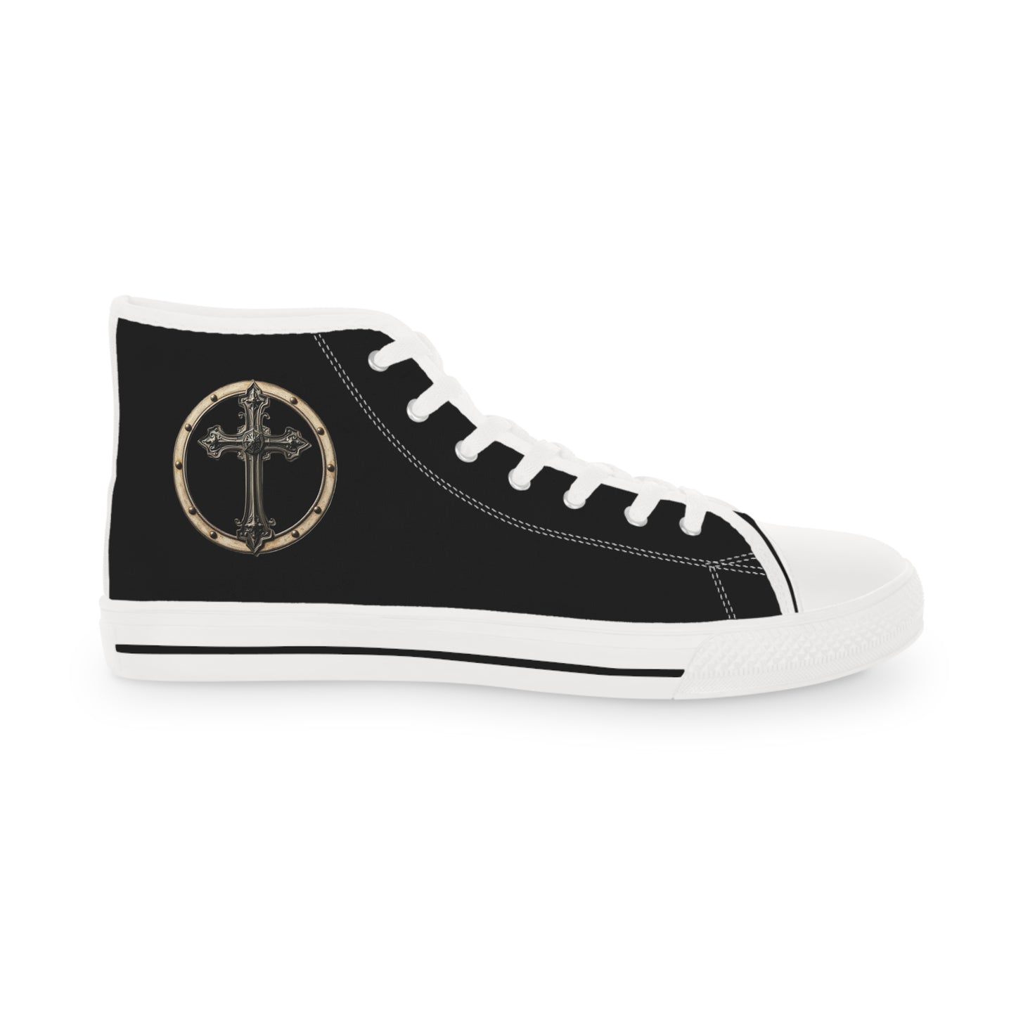 Iron Faith – Men’s High-Top Canvas Sneakers in Black with Cross & Riveted Iron Emblem