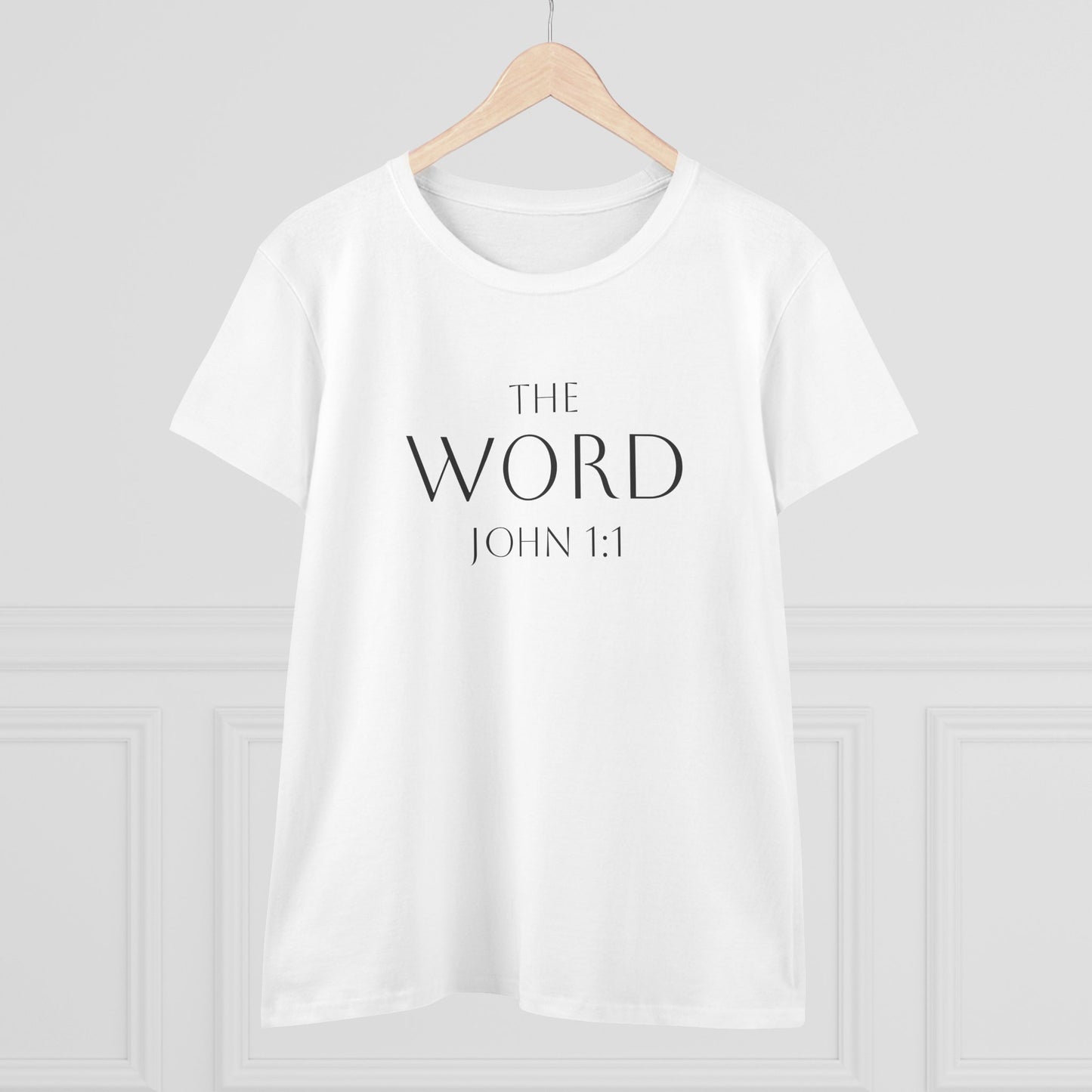 “The Word Eternal” – Women’s Christian Tee with Bold Dark Lettering (John 1:1)