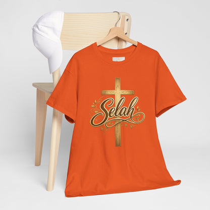 Selah Cross Tee — Women's Christian T‑Shirt with Gold Script