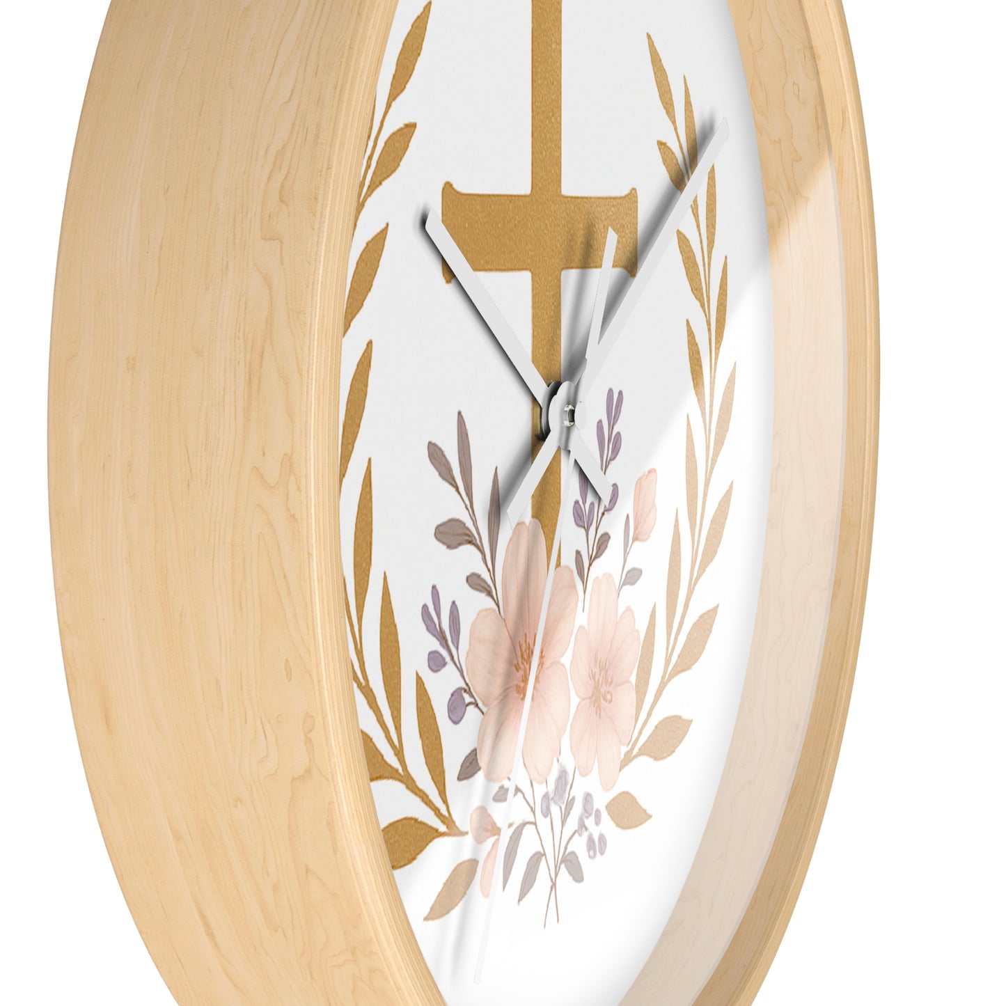 Serene Cross & Laurel Wreath Wooden Wall Clock – Faith-Inspired Decor