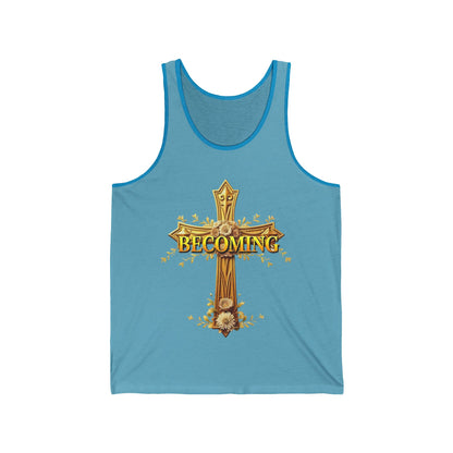 Becoming Women’s Tank Top – Gold Cross Edition (1 Corinthians 15:49