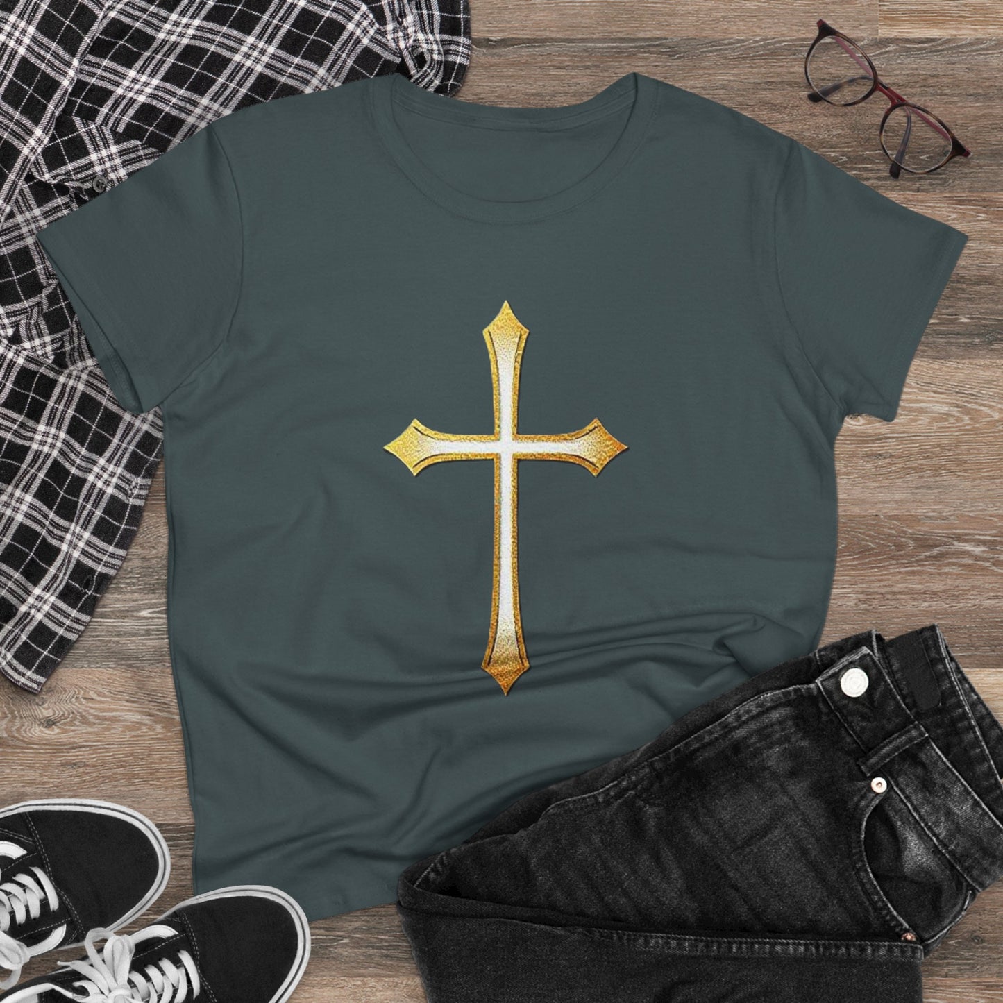 Women’s Gold Cross Tee – Christian Faith Shirt with Bold Cross Design