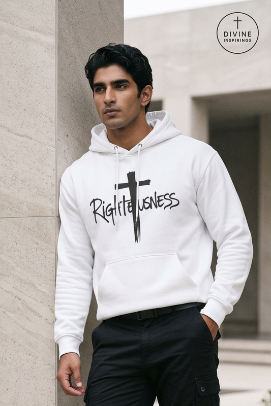 A man wearing a white pullover hoodie with a black cross graphic and the word 'Righteousness' printed across the chest, paired with black pants, standing against a light-colored stone wall. A circular 'DIVINE INSPIRINGS' logo is visible in the top right corner.