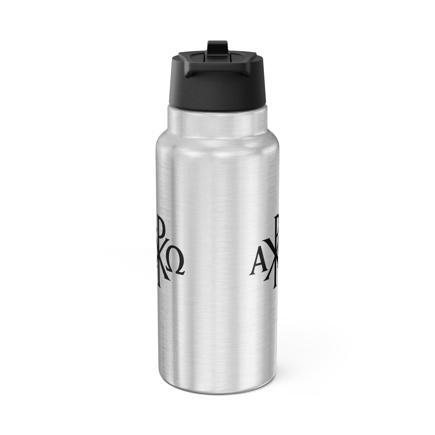 Enduring Faith Stainless Steel Gator Tumbler – Black Chi Rho with Alpha & Omega