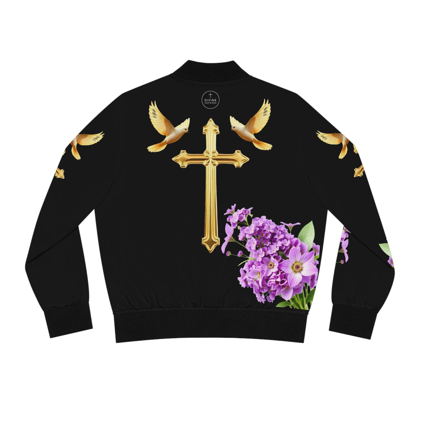 Heavenly Ascent – Gold Cross & Doves Women’s Bomber Jacket in Black