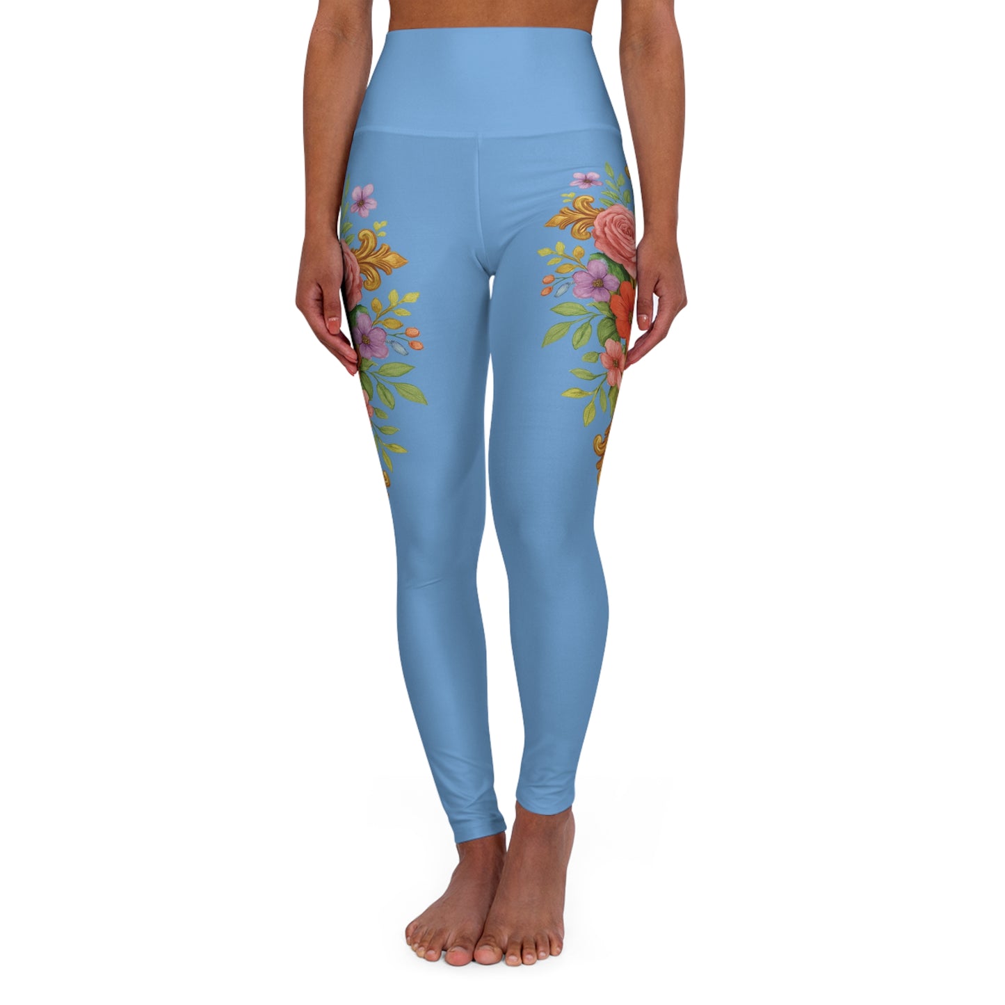 Floral Cross Graceful Fit High-Waisted Leggings in Light Blue - Christian Women's Apparel