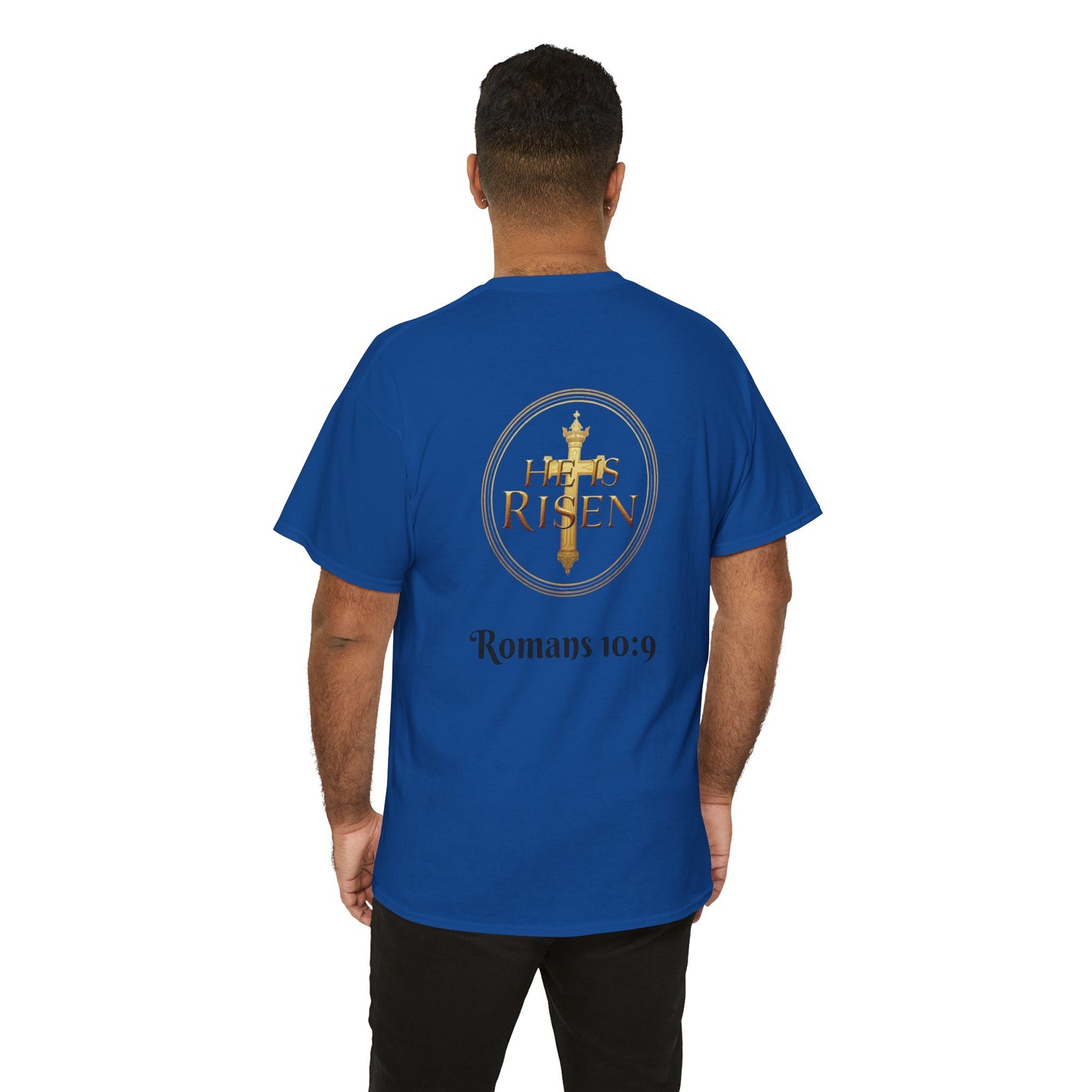 Men’s Romans 10:9 Christian T-Shirt – Jesus Is Lord & He Is Risen (Dark Lettering)
