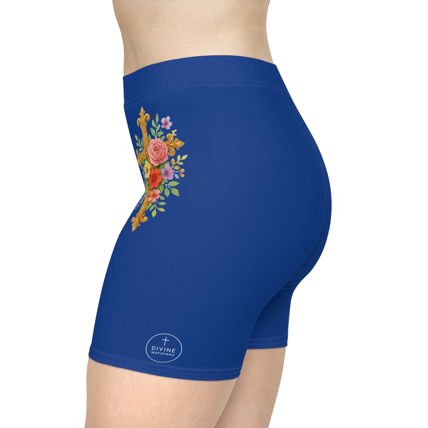 Floral Cross Women’s Biking Shorts in Blue – Beauty and Strength in the Cross