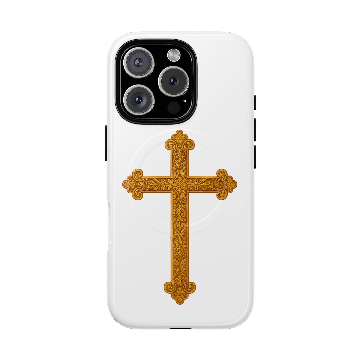 Gold Cross on White Magnetic Tough Case for iPhone – Strength in Faith