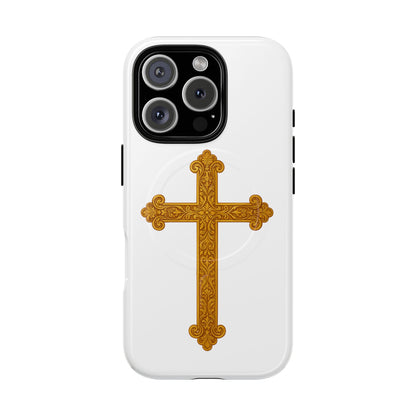Gold Cross on White Magnetic Tough Case for iPhone – Strength in Faith